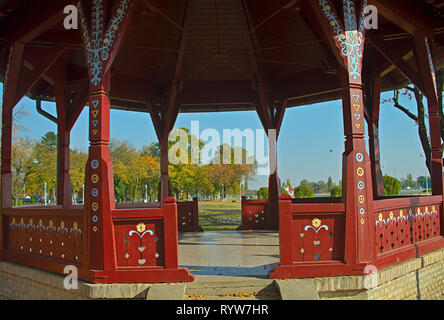 Close up view on open wooden bungalow in park Stock Photo