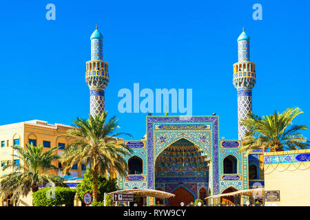 Iranian Mosque on the city street, Dubai, United Arab Emirates. Isolated on blue background Stock Photo