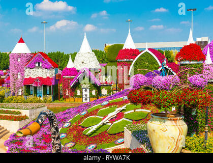 DUBAI, UNITED ARAB EMIRATES - DECEMBER 13, 2018: View of the building of flowers in Dubai Miracle Garden Stock Photo