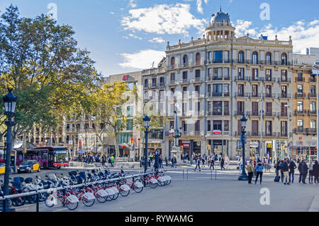 Barcelona, Spain - November 10, 2018: La Rambla with its stores and shops, amongst others the Hotel Monegal on the corner of Carrer de Pelai and bikes Stock Photo
