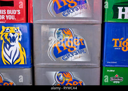 Pictured are assorted beers in boxes Stock Photo