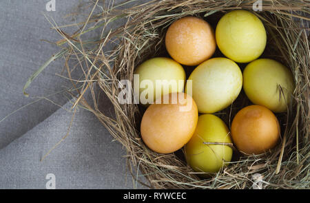 Nest with easter eggs on the wooden table Stock Photo