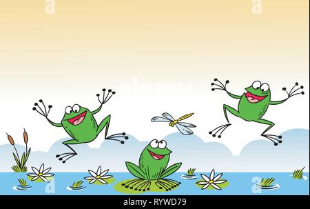 The illustration shows of some cartoon frogs  in various poses, as well as insects and water lilies. Funny frog on background aquatic, illustration on Stock Vector