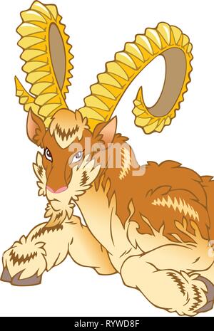 The illustration shows a wild mountain goat with golden horns Stock Vector