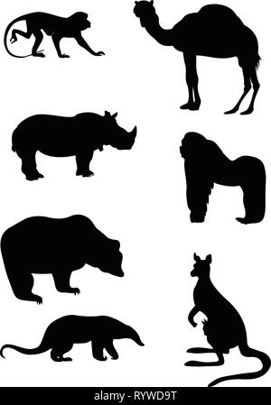 The illustration shows animals, some species of wild mammals.  Illustration done in the style of contour drawing, isolated on white background, in sep Stock Vector