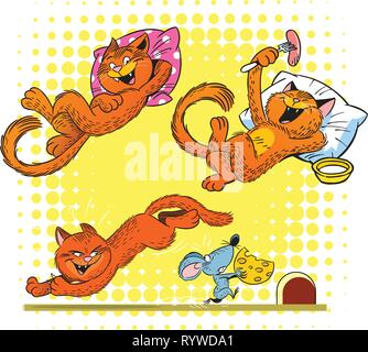 The illustration shows a red cat in various poses and situations. Illustration done on separate layers. Stock Vector