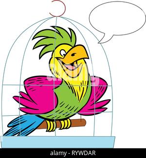 The illustration shows a funny cartoon parrot in a cage. Illustration isolated on white background with text box Stock Vector