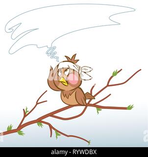 The illustration shows a funny sparrow on a branch. He bandaged head in pain. Illustration done in cartoon style, on separate layers. Stock Vector