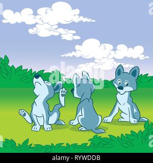 The illustration shows a brood small wolfling. They play in the meadow. Illustration done in cartoon style, on separate layers. Stock Vector