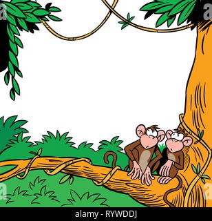 The illustration shows two funny monkey sitting on a tree against the background of the jungle. There is a place for text, done in cartoon style Stock Vector
