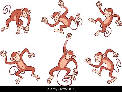 The illustration shows several monkeys with in different poses. Illustration done in cartoon style, on separate layers. Stock Vector