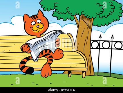 The illustration shows a funny red cat. He is sitting on a park bench and reading a newspaper. Illustration done in cartoon style. Stock Vector