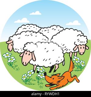 The illustration shows a flock of sheep that graze on a green meadow. Shepherd dog runs near the herd. Illustration done in cartoon style, on separate Stock Vector