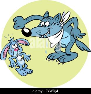 A picture of humorous a wolf and a rabbit.  Hare looks terrified, and the wolf happy upcoming dinner. Illustration done in cartoon style on separate l Stock Vector