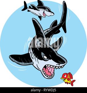 The illustration shows two ferocious sharks in the water. They hunt for small fish. Illustration done in cartoon style on separate layers. Stock Vector