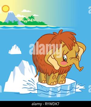 The illustration shows the baby mammoth. It stands on an ice floe in the middle of the ocean. Illustration done in cartoon style Stock Vector