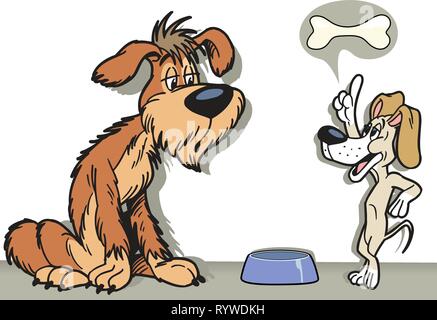 The illustration shows two cartoon dogs. They talk about food.Illustration done on separate layers. Stock Vector