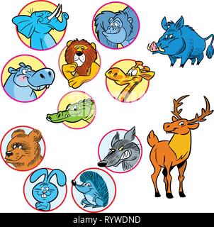 The figure shows several species of wild animals.Cartoon elephant, monkey, hippo, lion, giraffe, crocodile, bear, wolf, hare, hedgehog, boar, deer Stock Vector