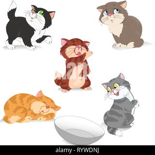 On vector illustration set of funny cartoon kittens in different poses isolated on white background Stock Vector