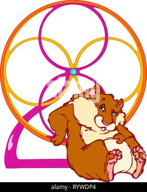 In vector illustration, a funny red hamster sits near the wheel of a toy, he has a lazy and funny look. Illustration in cartoon style isolated on whit Stock Vector