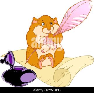 Hamster sitting on a piece of paper.In hamster paws pen,stands beside inkwell. Stock Vector
