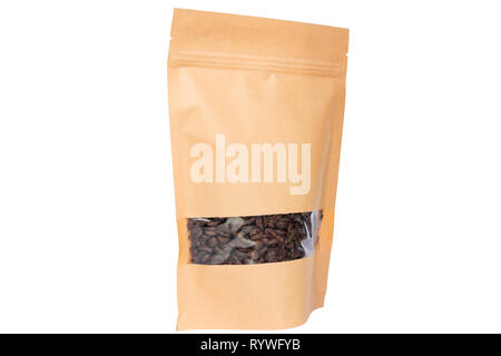 plain doypack coffee pouch with window  and zipper  filled with coffee beans on white background Stock Photo