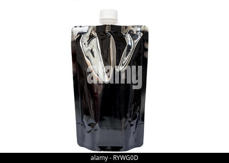 plain shiny black stand up pouch with spout for liquid packaging on white background with cap on Stock Photo