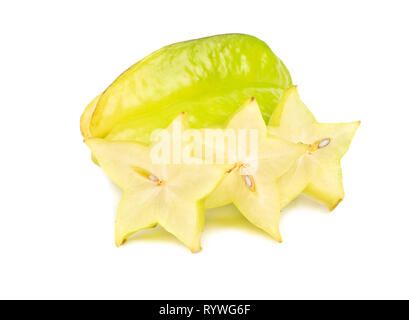 Carambola fruit with three juicy slices on white background Stock Photo