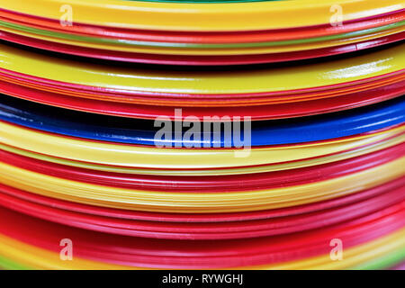 Set of plastic disposable plates for picnic on white background. Stock Photo
