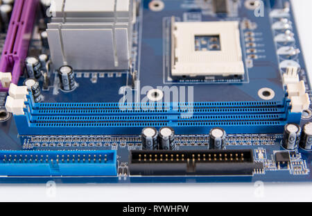 close up of RAM connector slot on PC motherboard Stock Photo