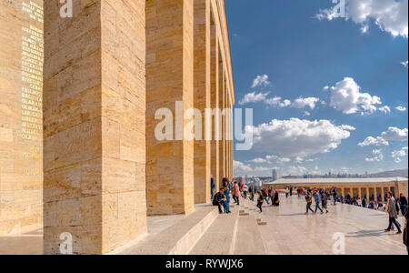 Ankara/Turkey - March 10 2019: Columns of Anitkabir with visitors and tourists and city view in background Stock Photo
