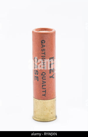 Old Eley paper cased 28-bore shotgun cartridge with rolled turnover closures loaded with No 6 leadshot. Collecting shotgun cartridges is a hobby that Stock Photo