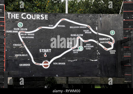 Map of the TT Motorcycle course marked out on public roads on the Isle of Man, Britain.   The Isle of Man with its capital city, Douglas is located in Stock Photo