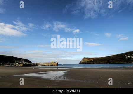 The sweeping sandy bay facing the Irish Sea at Port Erin on the southwest coast of the Isle of Man, Britain  The Isle of Man with its capital city, Do Stock Photo