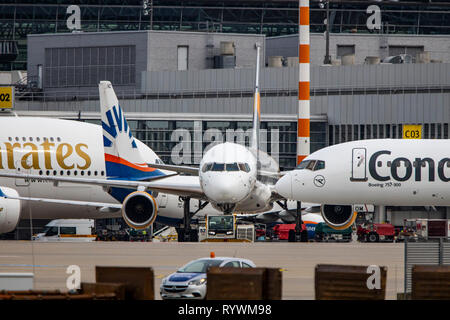 Dusseldorf International Airport, DUS, Apron, Condor plane, Boeing 757, Emirates Airbus A380-800, SunExpress Stock Photo