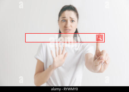 Businesswomans finger touching empty search bar, modern business background concept - can be used for insert text or pictures. Stock Photo