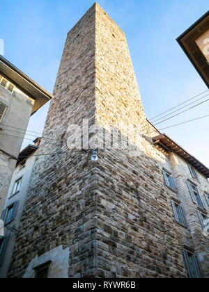 Travel to Italy - medieval tower Torre del Gombito in Upper Town (Citta Alta) of Bergamo city, Lombardy Stock Photo