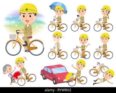 A set of working man riding a city cycle.There are actions on manners and troubles.It's vector art so it's easy to edit. Stock Vector