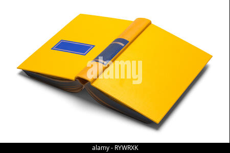 Open Yellow Book Isolated on White Background. Stock Photo
