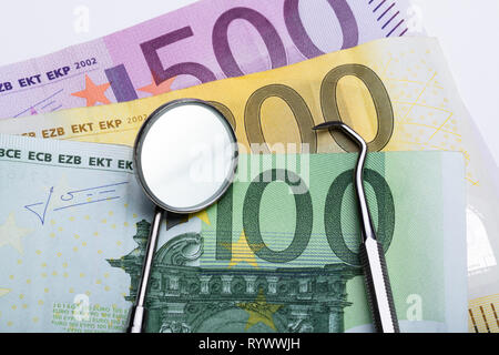 An Overhead View Of Dental Tools On Euro Notes