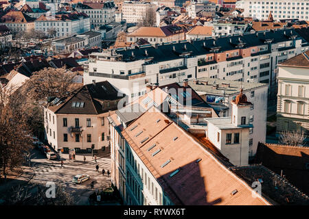 Ljubljana, Slovenia - January 15, 2019: Panoramic view of the city center of Ljubljana in Slovenia. Stock Photo