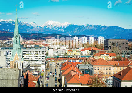 Ljubljana, Slovenia - January 15, 2019: Panoramic view on the city center of Ljubljana with mountains in Slovenia. Stock Photo