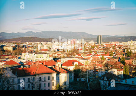 Ljubljana, Slovenia - January 15, 2019: Panoramic view of the city center at Ljubljana and mountains in Slovenia. Stock Photo