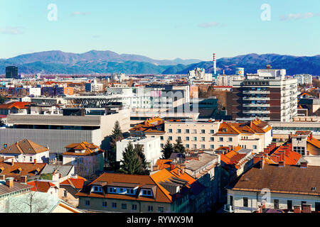 Ljubljana, Slovenia - January 15, 2019: Panoramic view on the city of Ljubljana with mountains in Slovenia. Stock Photo