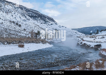 Scenic view of the Boiling River in Yellowstone National Park in the winter of 2019. Stock Photo