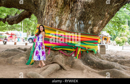 Young girl standing in front of a Giant Monkeypod Tree in Kanchanaburi, Thailand Stock Photo