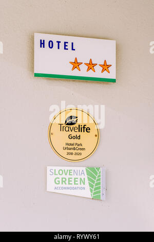 Ljubljana, Slovenia - January 15, 2019: Hotel stars sign in Ljubljana in Slovenia. Stock Photo