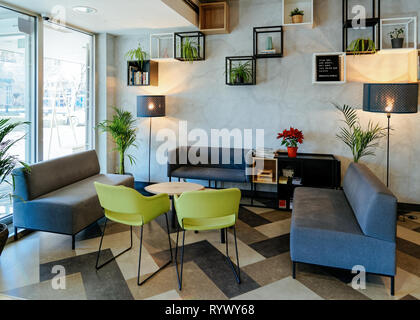 Ljubljana, Slovenia - January 15, 2019: Modern hotel lobby design at Ljubljana of Slovenia. Stock Photo