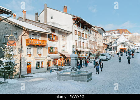 Gruyeres, Switzerland - December 31, 2014: View of the main street in the swiss village Gruyeres, Switzerland. Stock Photo