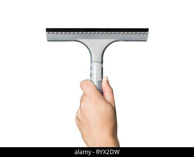 Front view of male hand holding wiper vertically on white background. Grey squeegee in man's hand isolated on white. Cleaning and housekeeping. Proces Stock Photo